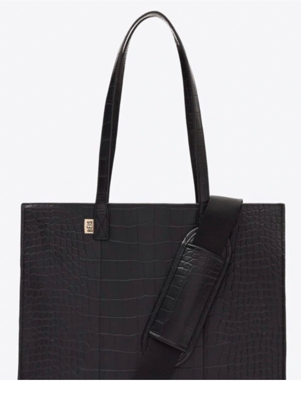 BEIS Black Croc-Embossed Structured Tote with Strap